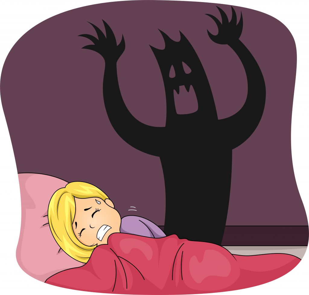 Ilustración de niña con pesadilla monstruo en la cama